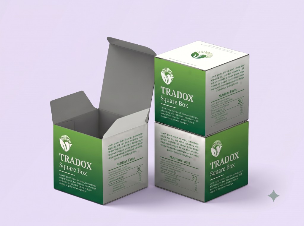 Tradox premium square printed cartons with nutrition-style panels